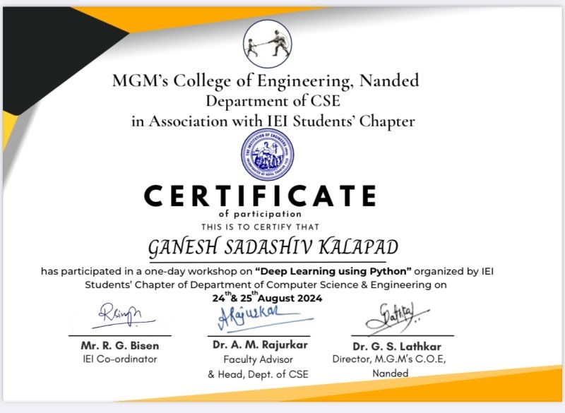 Deep Learning using Python Certificate - MGM's COE