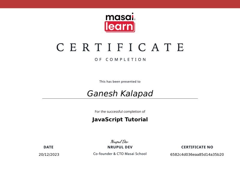 JavaScript Tutorial Certificate of Completion - Masai Learn