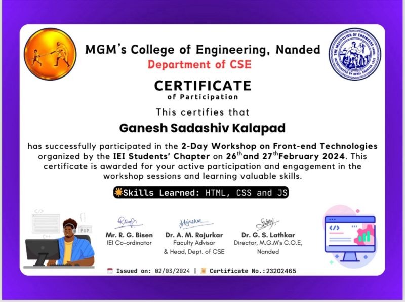 Front-end Technologies 2-Day Workshop Certificate - MGM's COE