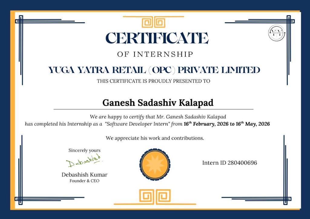 YugaYatra Retail Internship Completion Certificate