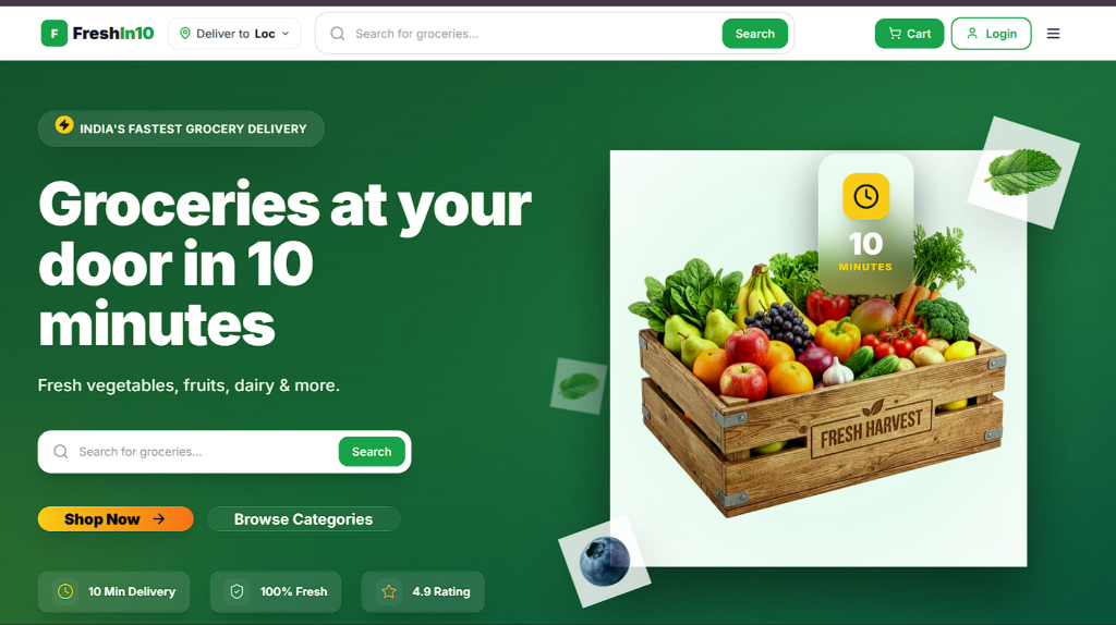 FreshIn10 — Live Grocery App Screenshot